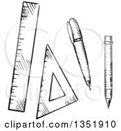 Poster, Art Print Of Black And White Sketched Pencil Ballpoint Pen Triangle And Ruler