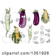 Clipart Of Cartoon Faces Hands Eggplants Daikon Radishes And Corn Royalty Free Vector Illustration by Vector Tradition SM
