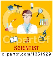 Clipart Of A Flat Design Male Scientist Avatar With Tools Over Text On Yellow Royalty Free Vector Illustration