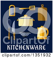 Poster, Art Print Of Flat Design Pot Electric Kettle Knife Wooden Chopping Board Whisk Grater Spatula And Colander Over Kitchenware Text On Blue