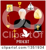 Poster, Art Print Of Flat Design Priest Avatar Surrounded By Items Over Text On Red