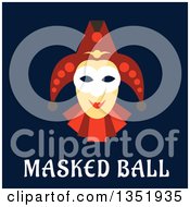 Poster, Art Print Of Flat Design Carnival Jester Over Masked Ball Text On Blue