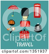Poster, Art Print Of Flat Design British Beefeater Soldier Telephone Booth Police Helmet Detective Cap Pipe And Magnifier Umbrella And Old Building Over Text On Turquoise