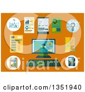 Clipart Of A Flat Design Desktop Computer Notebooks And Papers With Charts And Other Items Over Orange Royalty Free Vector Illustration