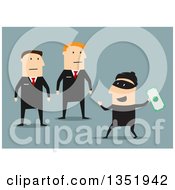 Poster, Art Print Of Flat Design Caucasian Security Guards Catching A Robber Stealing Money Over Blue