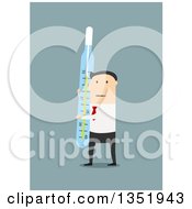 Clipart Of A Flat Design White Businessman Holding A Thermometer Over Blue Royalty Free Vector Illustration