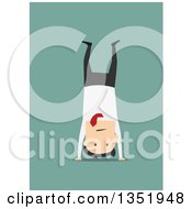 Flat Design White Businessman Doing A Hand Stand Over Green
