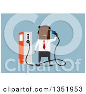 Poster, Art Print Of Flat Design Black Businessman Holding A Gas Pump Nozzle Over Blue