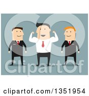 Flat Design White Businessman Flexing His Muscles Between His Guards Over Blue