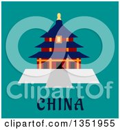 Flat Design Ancient Chinese Temple Of Heaven Pagoda Over Text On Turquoise
