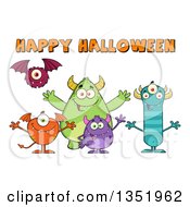 Poster, Art Print Of Group Of Welcoming Monsters Under Happy Halloween Text