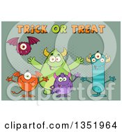 Poster, Art Print Of Group Of Welcoming Monsters With Trick Or Treat Halloween Text Over Green