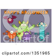 Poster, Art Print Of Group Of Welcoming Monsters Under Happy Halloween Text Over Purple