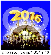 Poster, Art Print Of Silhouetted Crowd Of Hands Over A 3d Gold Disco Ball Stars And New Year 2016 On Blue