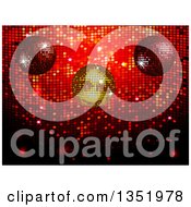 Clipart Of 3d Gold Red And Purple Disco Balls Over Red Mosaic Royalty Free Vector Illustration