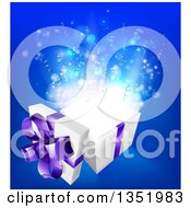 Poster, Art Print Of 3d White And Purple Open Gift Box With Magic Over Blue