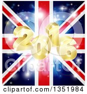 Poster, Art Print Of 3d Gold 2016 New Year Burst And Fireworks Over A Union Jack Flag