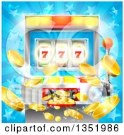Poster, Art Print Of Casino Slot Machine Jackpot Spitting Out Coins Over A Blue Star Burst