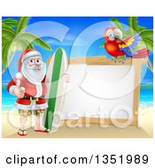 Poster, Art Print Of Christmas Santa Claus Giving A Thumb Up And Standing With A Surf Board On A Tropical Beach By A Blank White Sign With A Scarlet Macaw Parrot
