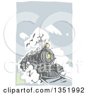 Poster, Art Print Of Woodcut Locomotive Train On A Rail Road Against Mountains And Sky
