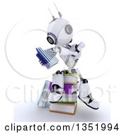 Poster, Art Print Of 3d Futuristic Robot Reading And Sitting On A Stack Of Colorful Books On A Shaded White Background