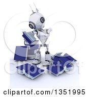 Poster, Art Print Of 3d Futuristic Robot Reading In A Circle Of Messy Books On A Shaded White Background