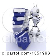 Poster, Art Print Of 3d Futuristic Robot Searching In A Stack Of Books On A Shaded White Background