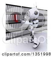 3d Futuristic Robot Searching For A Binder In An Archive Room On A Shaded White Background