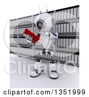 Poster, Art Print Of 3d Futuristic Robot Reading From A Binder In An Archive Room On A Shaded White Background