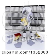 Poster, Art Print Of 3d Futuristic Robot Dropping Files In In An Archive Room On A Shaded White Background