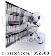 3d Futuristic Robot Searching Binders With A Magnifying Glass In An Archive Room On A Shaded White Background