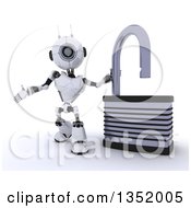 Poster, Art Print Of 3d Futuristic Robot Presenting By An Open Padlock On A Shaded White Background