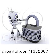Poster, Art Print Of 3d Futuristic Robot Pointing To A Giant Padlock On A Shaded White Background