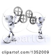 Poster, Art Print Of 3d Futuristic Robots Adjusting Gear Cog Wheels On A Shaded White Background