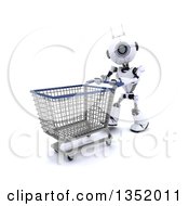 Poster, Art Print Of 3d Futuristic Robot Pushing An Empty Shopping Cart On A Shaded White Background
