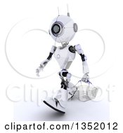 3d Futuristic Robot Walking With A Shopping Basket On A Shaded White Background