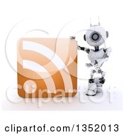 Poster, Art Print Of 3d Futuristic Robot Presenting An Orange Rss Symbol Icon On A Shaded White Background