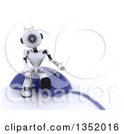 Poster, Art Print Of 3d Futuristic Robot Sitting And Presenting On A Giant Computer Mouse On A Shaded White Background