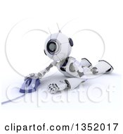 Poster, Art Print Of 3d Futuristic Robot Laying On The Floor And Using A Computer Mouse On A Shaded White Background