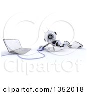 Poster, Art Print Of 3d Futuristic Robot Using A Laptop On The Floor On A Shaded White Background