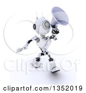 Poster, Art Print Of 3d Futuristic Robot Walking And Announcing With A Megaphone On A Shaded White Background