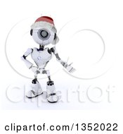 Poster, Art Print Of 3d Futuristic Robot Wearing A Christmas Santa Hat And Presenting Text Space On A Shaded White Background