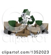 Poster, Art Print Of 3d Futuristic Robot In A Triangle Of Recycle Arrows Over Boxes And Bins On A Shaded White Background