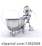Poster, Art Print Of 3d Futuristic Robot Wearing A Christmas Santa Hat And Pushing A Shopping Cart On A Shaded White Background