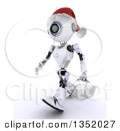 3d Futuristic Robot Wearing A Christmas Santa Hat And Carrying A Shopping Basket On A Shaded White Background
