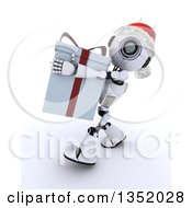 Poster, Art Print Of 3d Futuristic Robot Wearing A Christmas Santa Hat And Carrying A Big Gift On A Shaded White Background