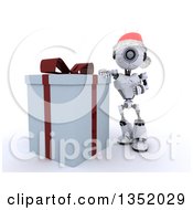 Poster, Art Print Of 3d Futuristic Robot Wearing A Christmas Santa Hat And Leaning Against A Big Gift On A Shaded White Background