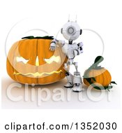 Poster, Art Print Of 3d Futuristic Robot Leaning Against A Giant Halloween Jackolantern Pumpkin On A Shaded White Background