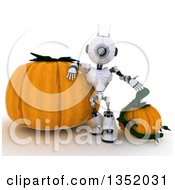 Poster, Art Print Of 3d Futuristic Robot Leaning Against And Presenting Halloween Pumpkins On A Shaded White Background