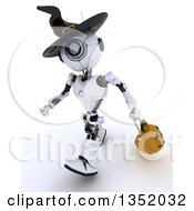 Poster, Art Print Of 3d Futuristic Robot Wearing A Witch Hat And Trick Or Treating With A Halloween Pumpkin Basket On A Shaded White Background